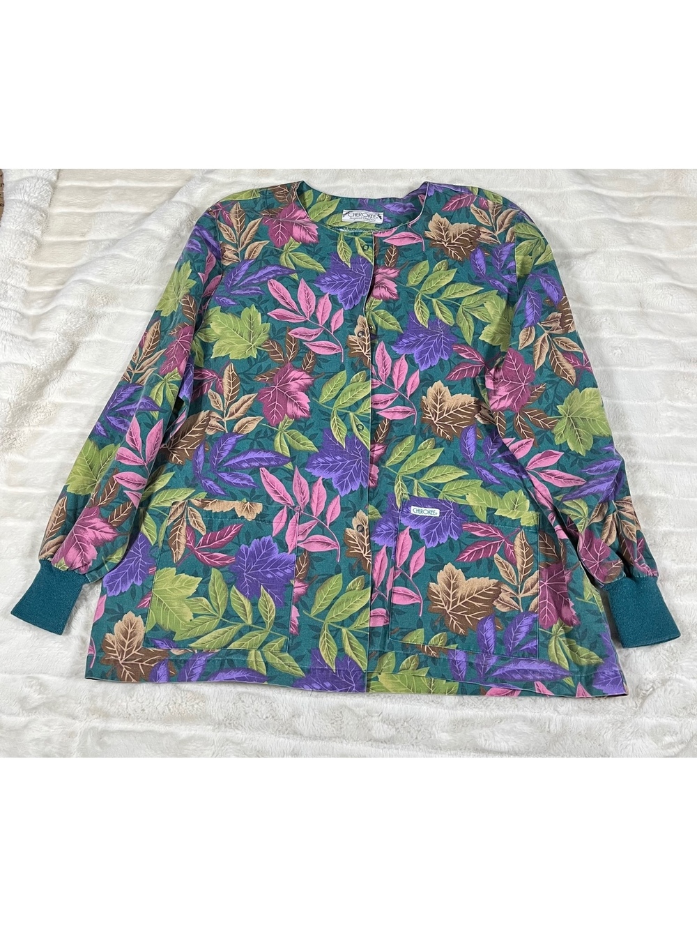 VTG Women's XL/XXL Green Purple Fall Leaves Snap Colorful Fun Scrub Jacket
